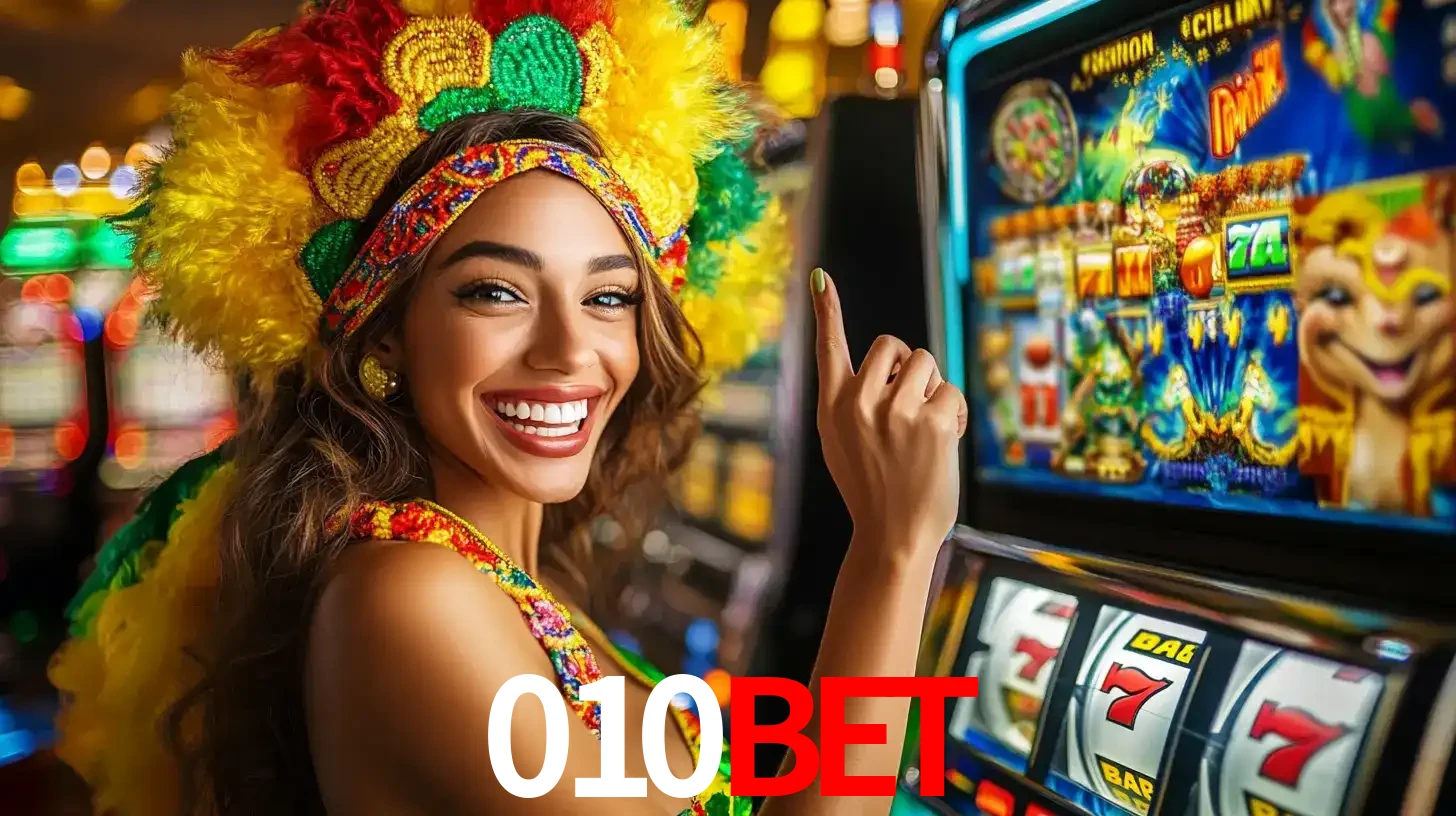 Mulher animada com um cocar de carnaval apontando para uma máquina de caça-níqueis, mostrando a emoção de ganhar um grande prêmio nos jogos do 010bet.