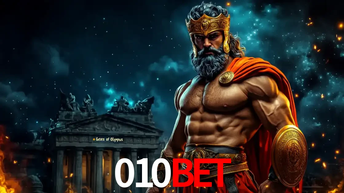 O poderoso Zeus do jogo de slot Gates of Olympus em frente ao seu templo, pronto para lançar multiplicadores divinos e prêmios épicos no cassino online 010bet.