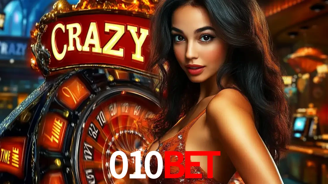 Mulher glamourosa olhando para a câmera com a roda vermelha do Crazy Time ao fundo em um ambiente de cassino, destacando a emoção dos jogos ao vivo no 010bet.