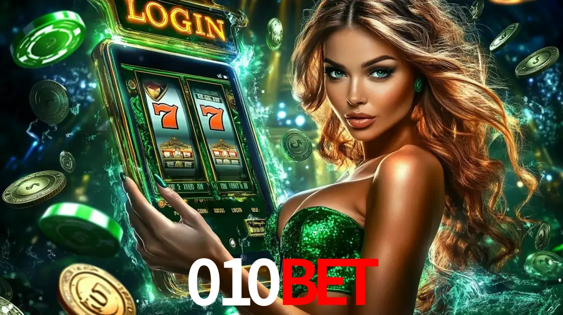 Mulher com tema verde apresentando o aplicativo do cassino 010bet com um jogo de slot de 777, cercada por fichas de cassino e uma aura de sorte.