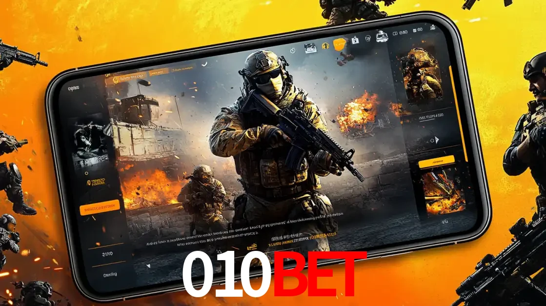 Um smartphone exibindo a interface de um jogo de tiro em primeira pessoa, com um soldado em um cenário de batalha, representando a ação dos e-sports para apostar no 010bet.