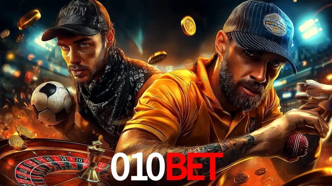 Montagem de apostas esportivas e cassino no 010bet, com um homem segurando uma bola de futebol e outro uma de beisebol sobre uma roleta e moedas voadoras.