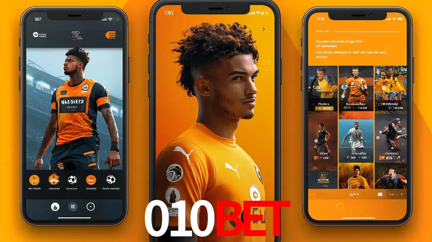 Interface do aplicativo de apostas esportivas 010bet em três telas de celular, mostrando o perfil de um jogador de futebol e a lista de jogos disponíveis para apostar.