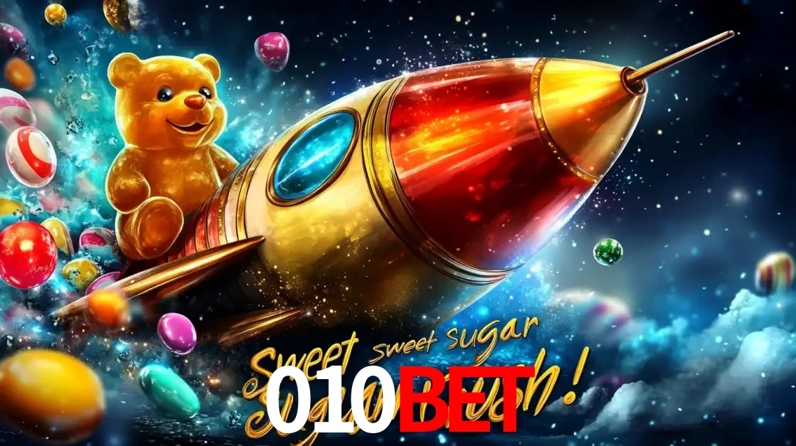 Arte promocional do jogo de slot Sugar Rush, com um urso de pelúcia em um foguete viajando pelo espaço de doces, um dos jogos divertidos disponíveis no cassino 010bet.
