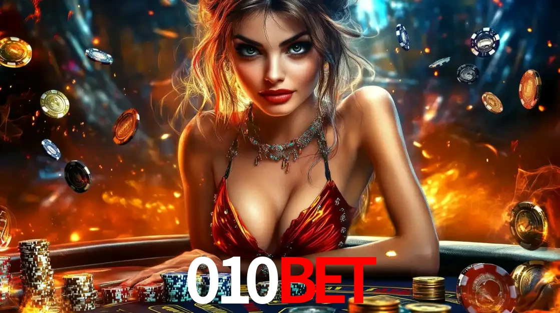 Mulher em uma mesa de cassino com pilhas de fichas e um fundo de fogo, pronta para uma rodada de altas apostas nos jogos de mesa emocionantes do cassino 010bet.
