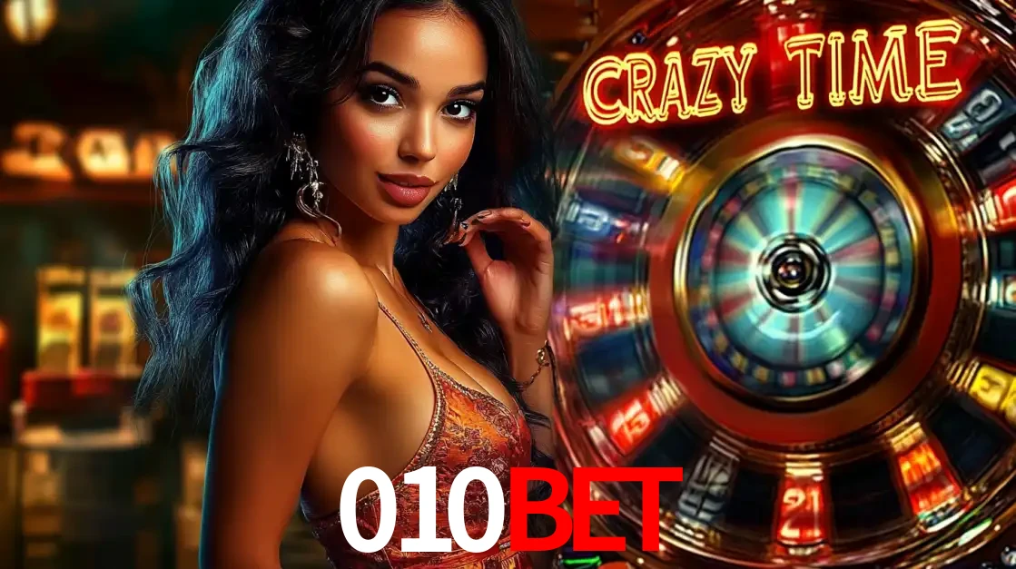 Mulher elegante ao lado da vibrante roda da fortuna do jogo de cassino ao vivo Crazy Time, um dos game shows mais populares e cheios de prêmios do 010bet.