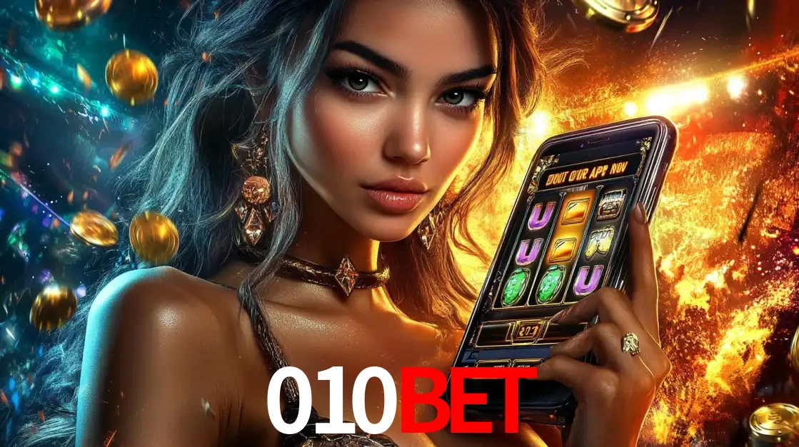 Mulher elegante mostrando um jogo de caça-níqueis em seu smartphone, destacando a experiência de cassino móvel oferecida pelo aplicativo 010bet.