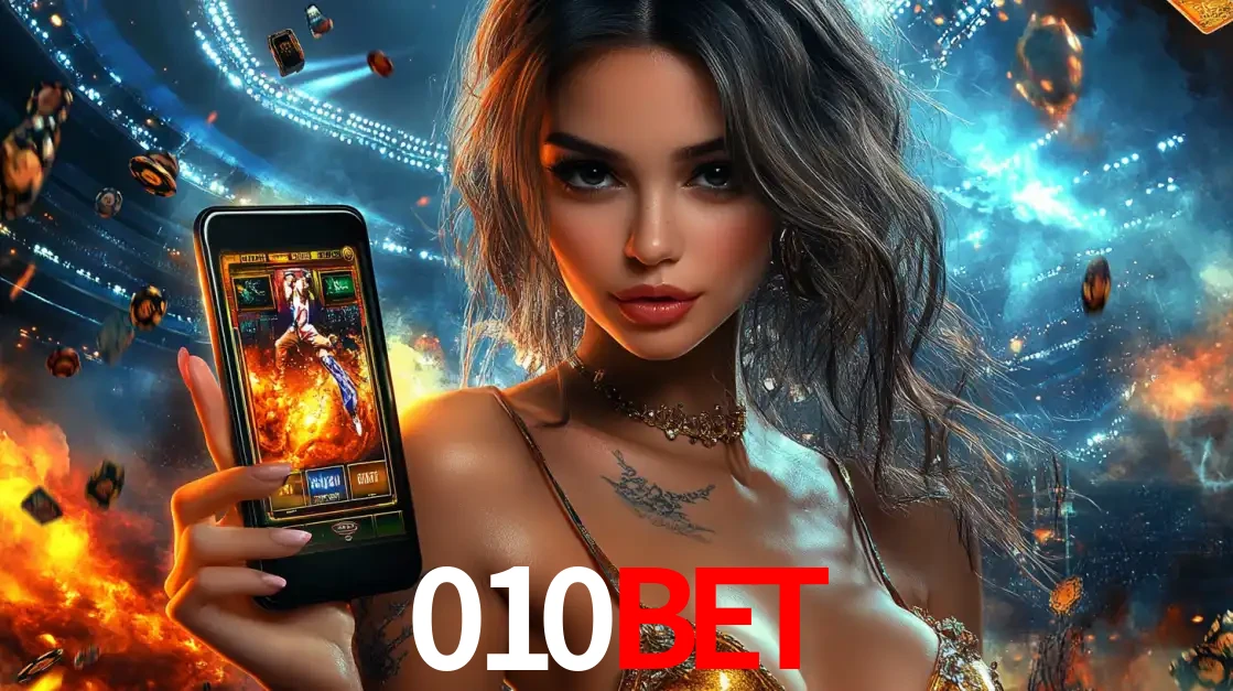 Mulher segurando um celular com um jogo de slot em destaque, tendo como fundo um estádio vibrante, simbolizando a emoção de jogar no cassino móvel 010bet.