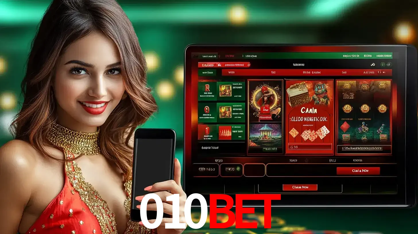 Mulher sorridente segurando um smartphone, ao lado de uma tela exibindo o lobby de jogos do cassino online 010bet, com várias opções de jogos de cartas e slots.